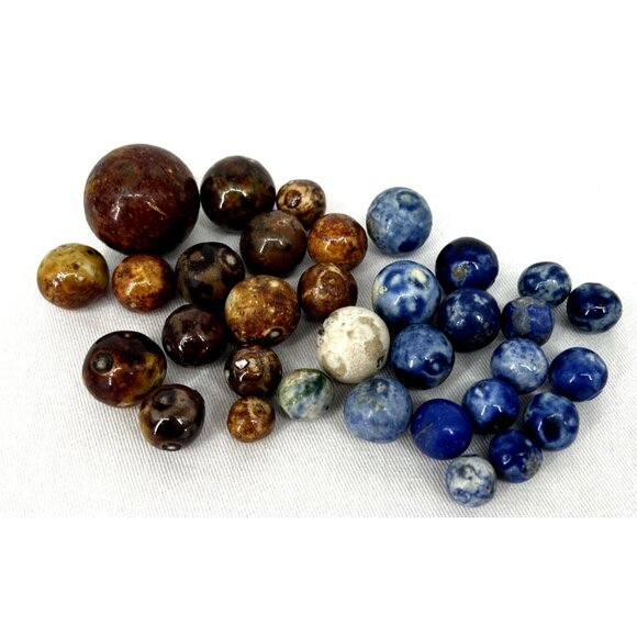 Bennington Marbles 32 Piece Lot Blue Brown Salt Glazed Clay Largest 31mm - Picture 1 of 9